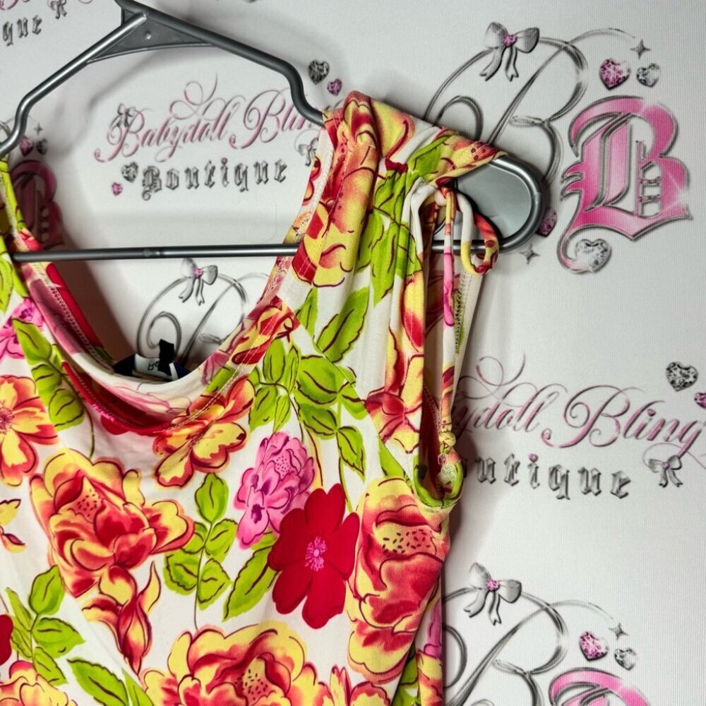 Reitmans top cinch tie sleeves bright flowers Floral Print shirt y2k neon - Picture 9 of 11